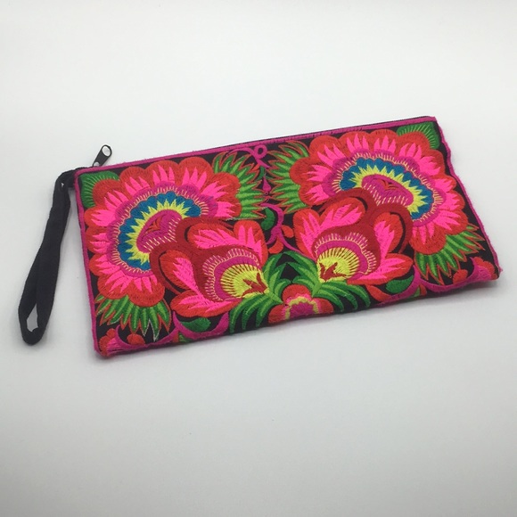 Handbags - Neon Flower Embroidered Clutch Purse